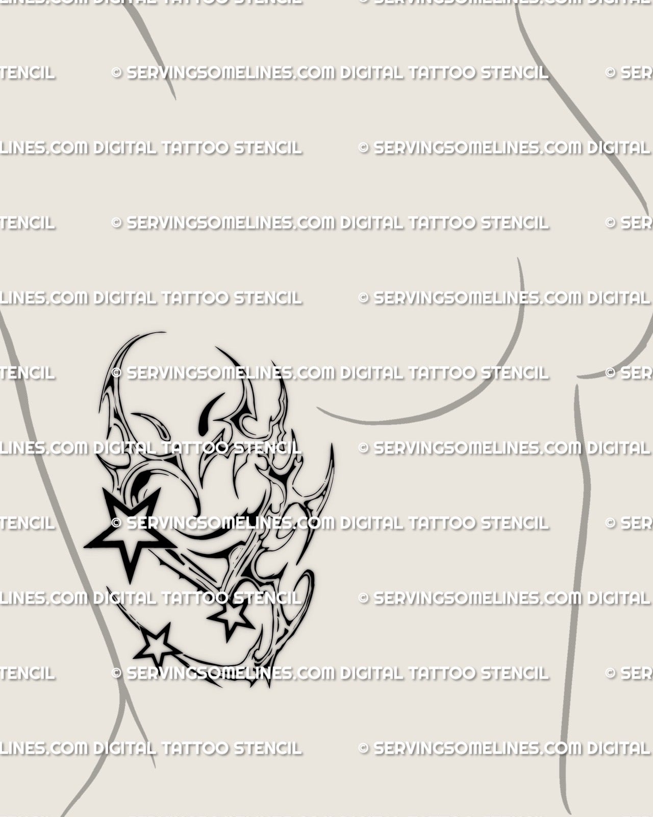 Cybertribal heart tattoo with Y2K stars placed on woman’s side ribs, chrome heart linework with gothic and feminine flow. 