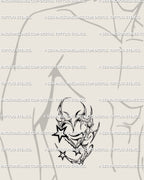 Cybertribal chrome heart tattoo on man’s side stomach, Y2K star pattern with tribal flame edges and bold cyber line art. 