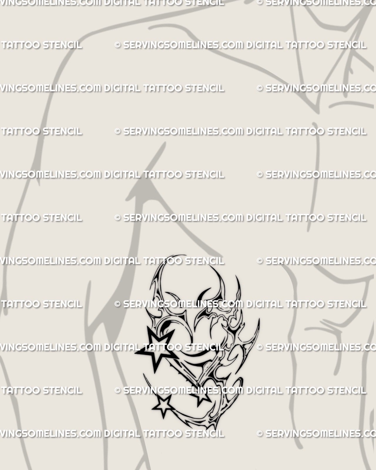 Cybertribal chrome heart tattoo on man’s side stomach, Y2K star pattern with tribal flame edges and bold cyber line art. 