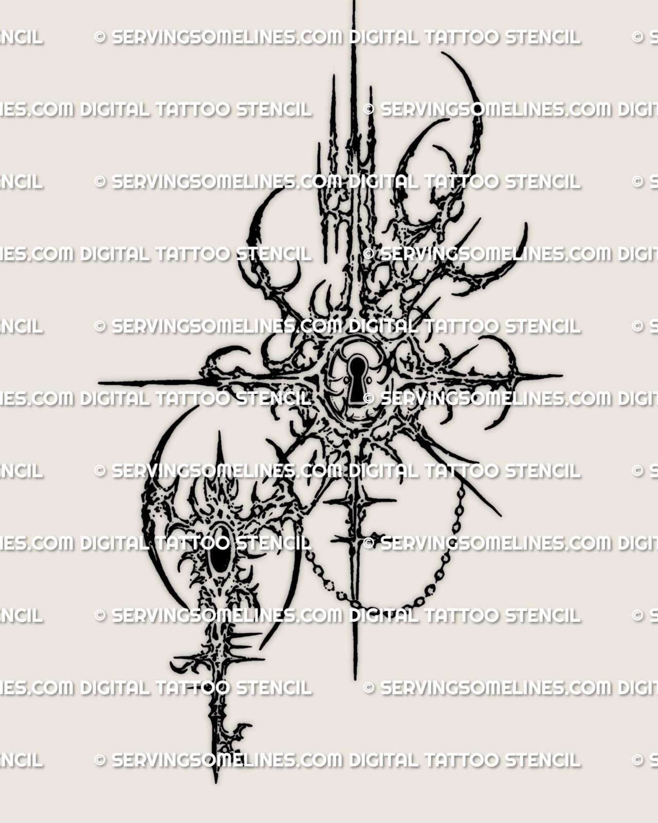 Cybertribal lock and key tattoo emblem, sharp ornamental edges around keyhole focal point, blackwork lineart