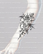 Cybertribal rose tattoo on forearm showing gothic thorn detailing, minimalist geometric cybersigilism rose tattoo design. 