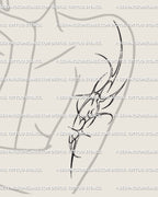 Cybertribal upper arm and shoulder tattoo stencil for women, sharp ornamental cybersigilism linework with bold curved accents.