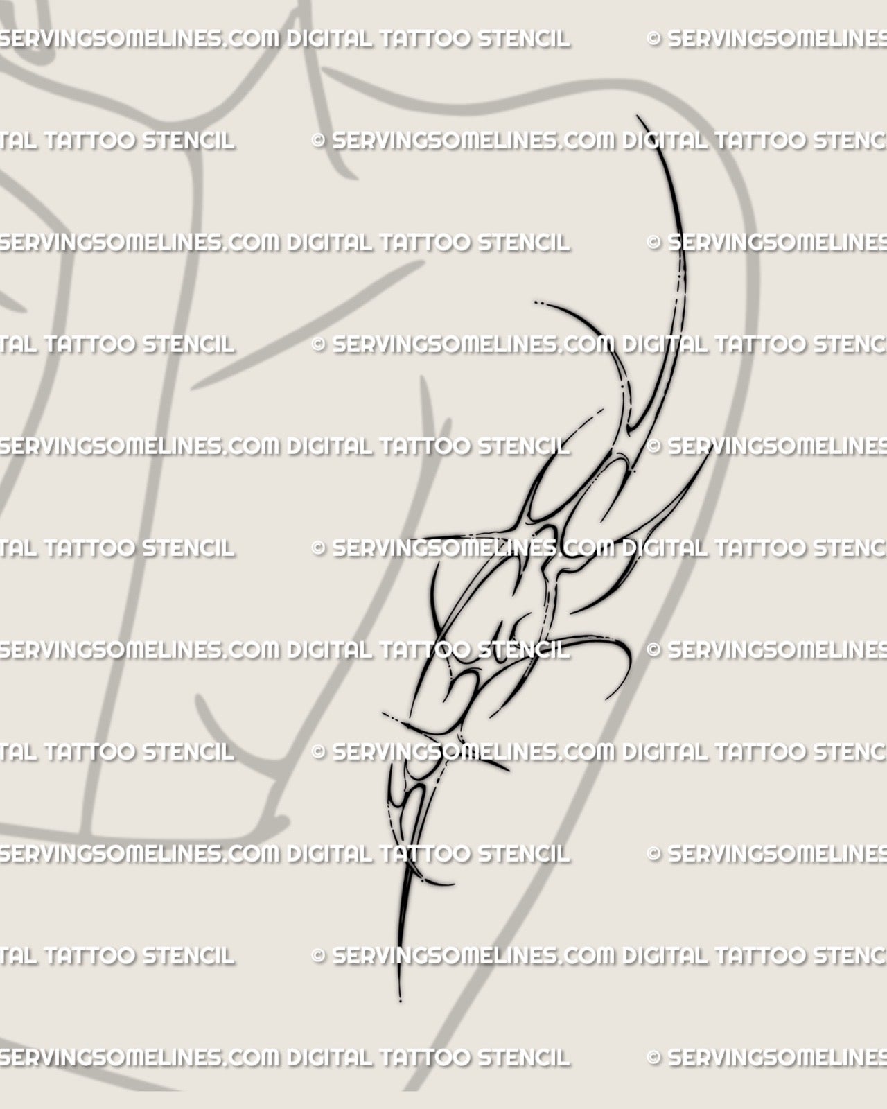 Cybertribal upper arm and shoulder tattoo stencil for women, sharp ornamental cybersigilism linework with bold curved accents.