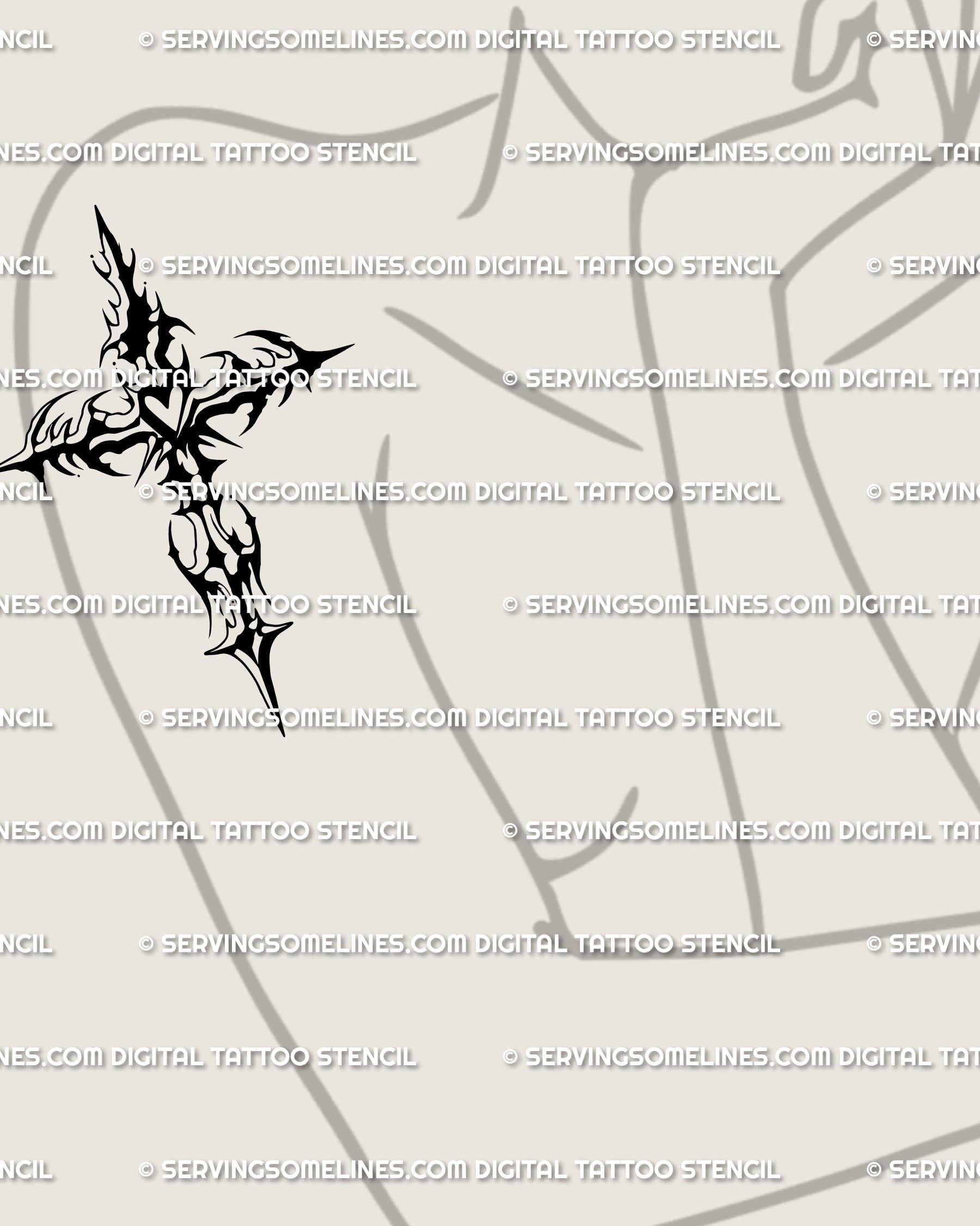 Cybertribal crucifix tattoo stencil on female arm, spiky blackwork cross design drawn in ornamental gothic line art.