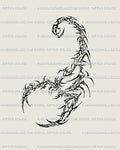 Cybertribal scorpion tattoo stencil in ornamental linework, gothic flash with cybersigil style for bold protective symbolism. 