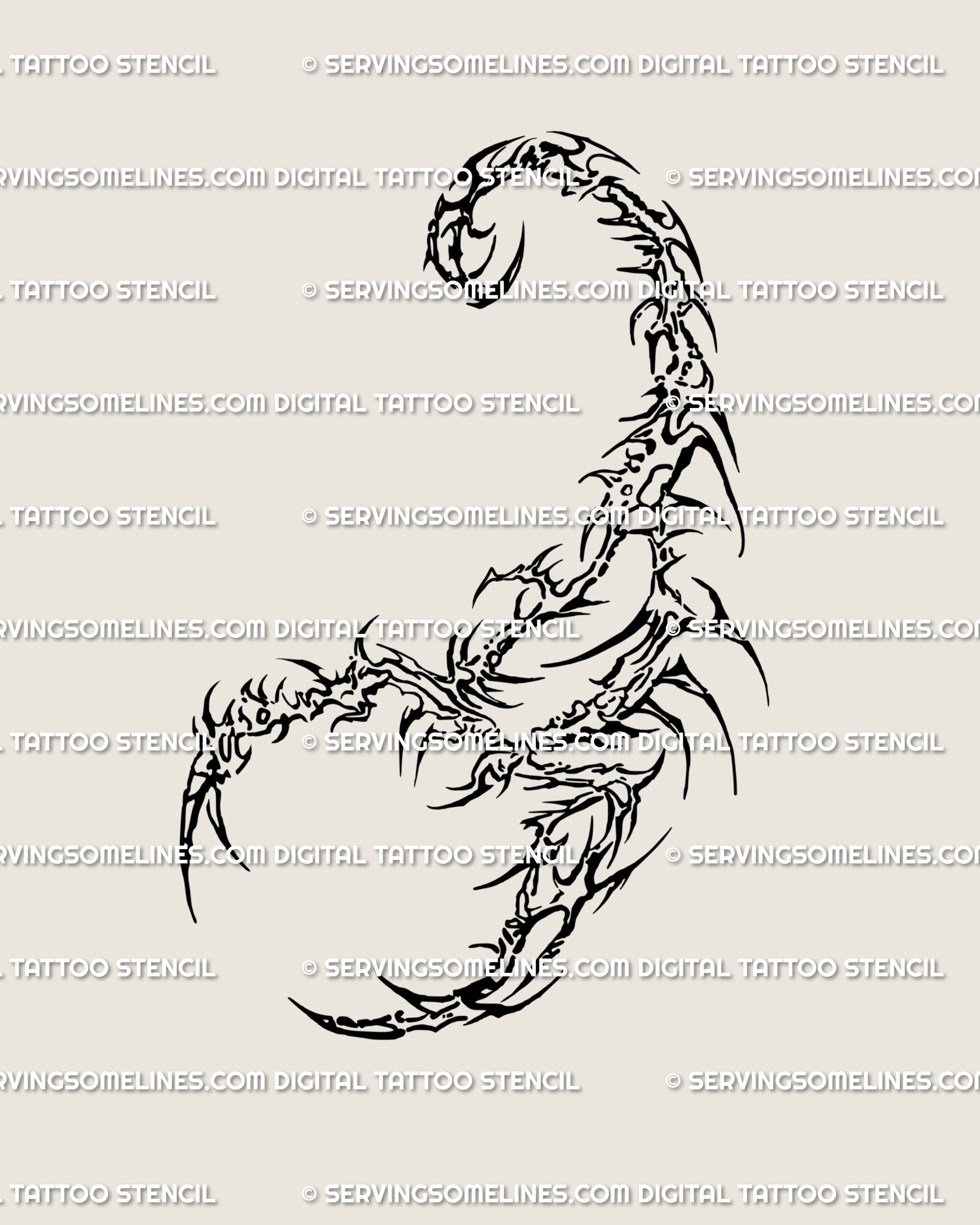 Cybertribal scorpion tattoo stencil in abstract ornamental linework, drawn as gothic flash with cybersigil influence for bold protective symbolism.