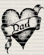 Old school heart banner tattoo design reading DAD, thick outline, ribbon folds, and clean stipple texture, printable stencil file preview.