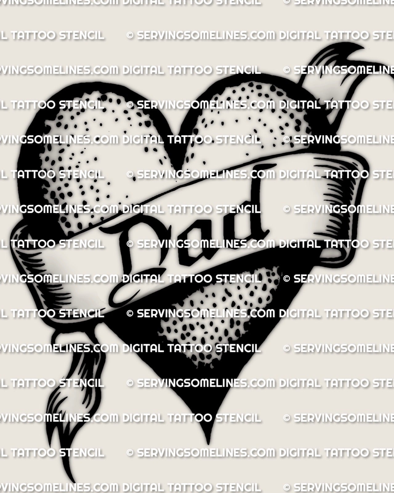 Old school heart banner tattoo design reading DAD, thick outline, ribbon folds, and clean stipple texture, printable stencil file preview.