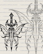 Dagger and butterfly tattoo stencil design, airy butterfly guard on a crisp dagger silhouette, digital stencil download.