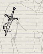Dagger and moon tattoo stencil shown on men’s upper arm placement example, crescent accent, instant download files.