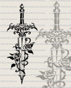 Dagger and rose tattoo stencil design close up, vine wrap detail with two roses and clean blade lines