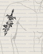 Dagger and rose tattoo stencil shown on mens bicep placement, dagger with two roses and vine wrap, bold vertical layout