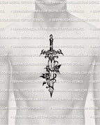 Dagger and rose tattoo stencil shown on mens chest center placement, two roses on mid blade with vine wrap, clean guard