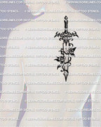 Dagger and rose tattoo stencil shown on mens upper back center placement, dagger silhouette with two roses and vine wrap