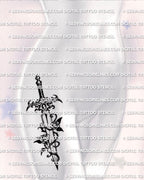 Dagger and rose tattoo stencil shown on womens hip placement, vine wraps dagger blade, two roses, crisp black silhouette