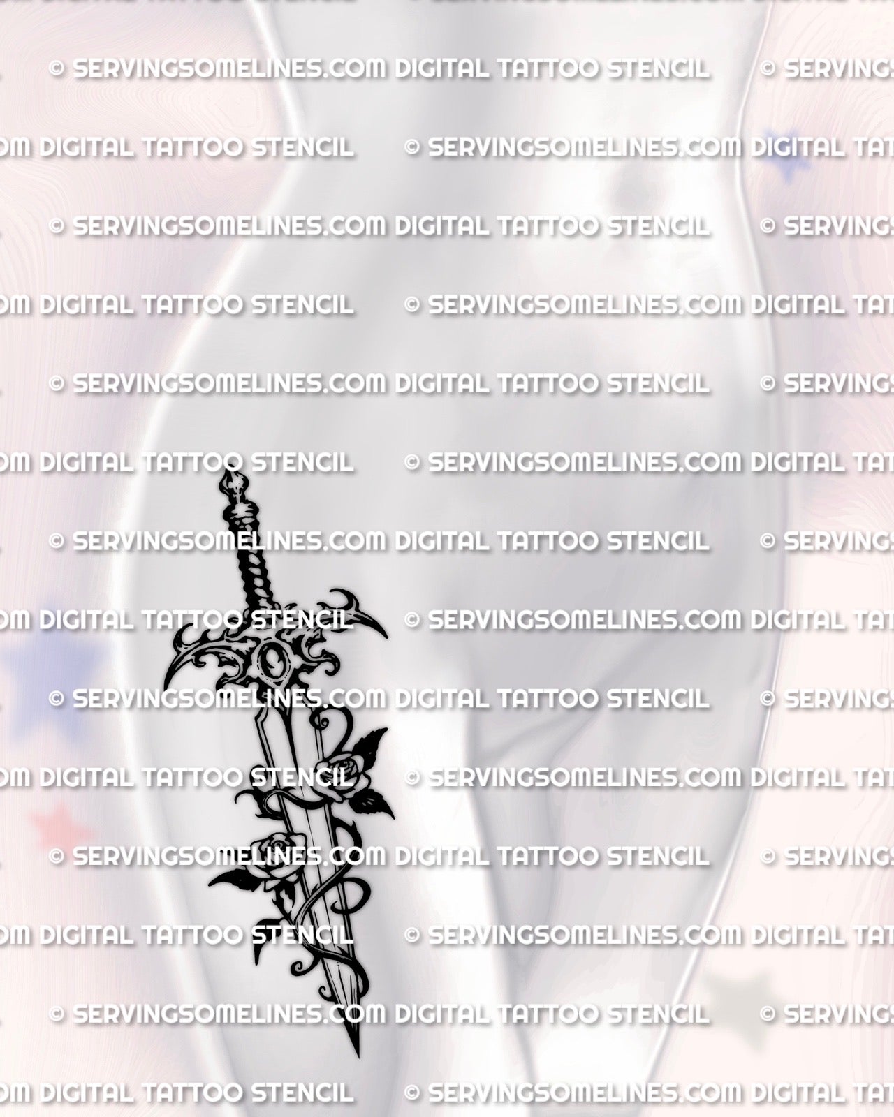 Dagger and rose tattoo stencil shown on womens hip placement, vine wraps dagger blade, two roses, crisp black silhouette