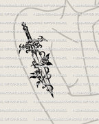Dagger and rose tattoo stencil shown on womens upper arm placement, vine wrapped blade with two roses, black line design