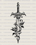 Dagger and rose tattoo stencil, two roses wrapped by vine around a dagger blade, printable PNG design
