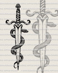 Dagger and snake tattoo stencil, snake coils dagger blade with head at guard, printable PNG JPEG PDF, instant download.