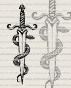 Dagger and snake tattoo stencil, snake coils dagger blade with head at guard, printable PNG JPEG PDF, instant download.