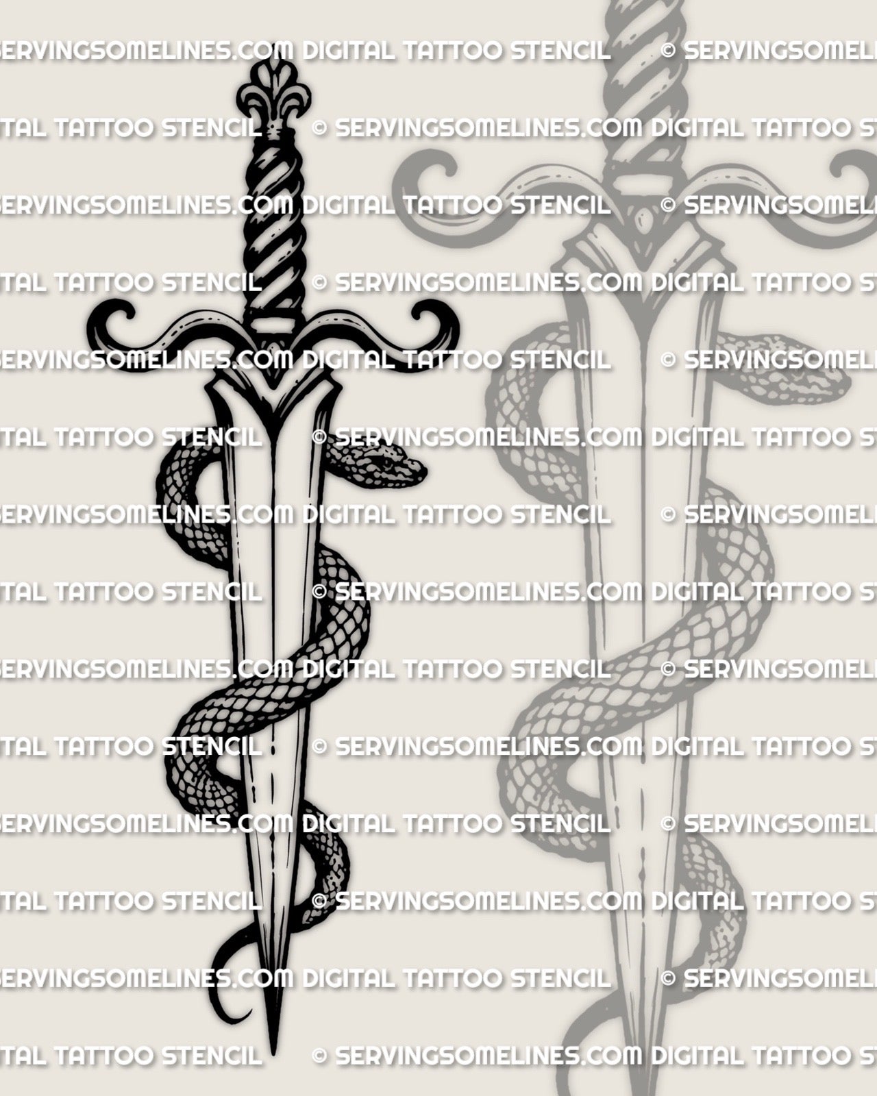 Dagger and snake tattoo stencil, snake coils dagger blade with head at guard, printable PNG JPEG PDF, instant download.