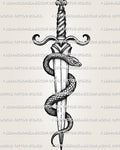 Dagger and snake tattoo stencil, coiled snake wraps blade, head near guard, clean dagger silhouette, instant download files.