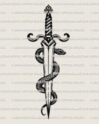 Dagger and snake tattoo stencil, coiled snake wraps blade, head near guard, clean dagger silhouette, instant download files.