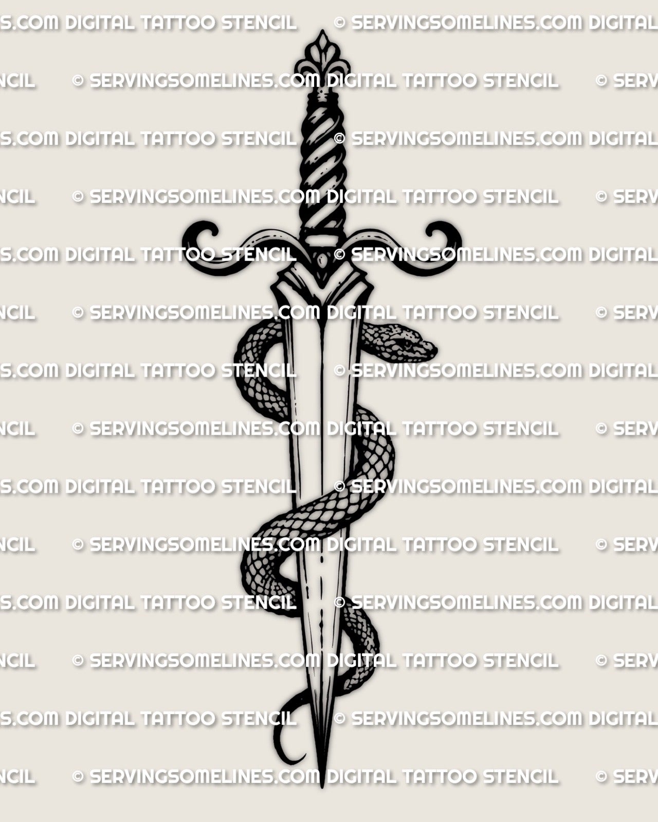 Dagger and snake tattoo stencil, coiled snake wraps blade, head near guard, clean dagger silhouette, instant download files.