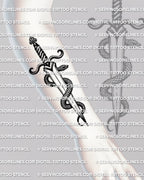 Dagger and snake tattoo stencil shown on forearm placement, coiled snake on dagger design, tattoo stencil file download.
