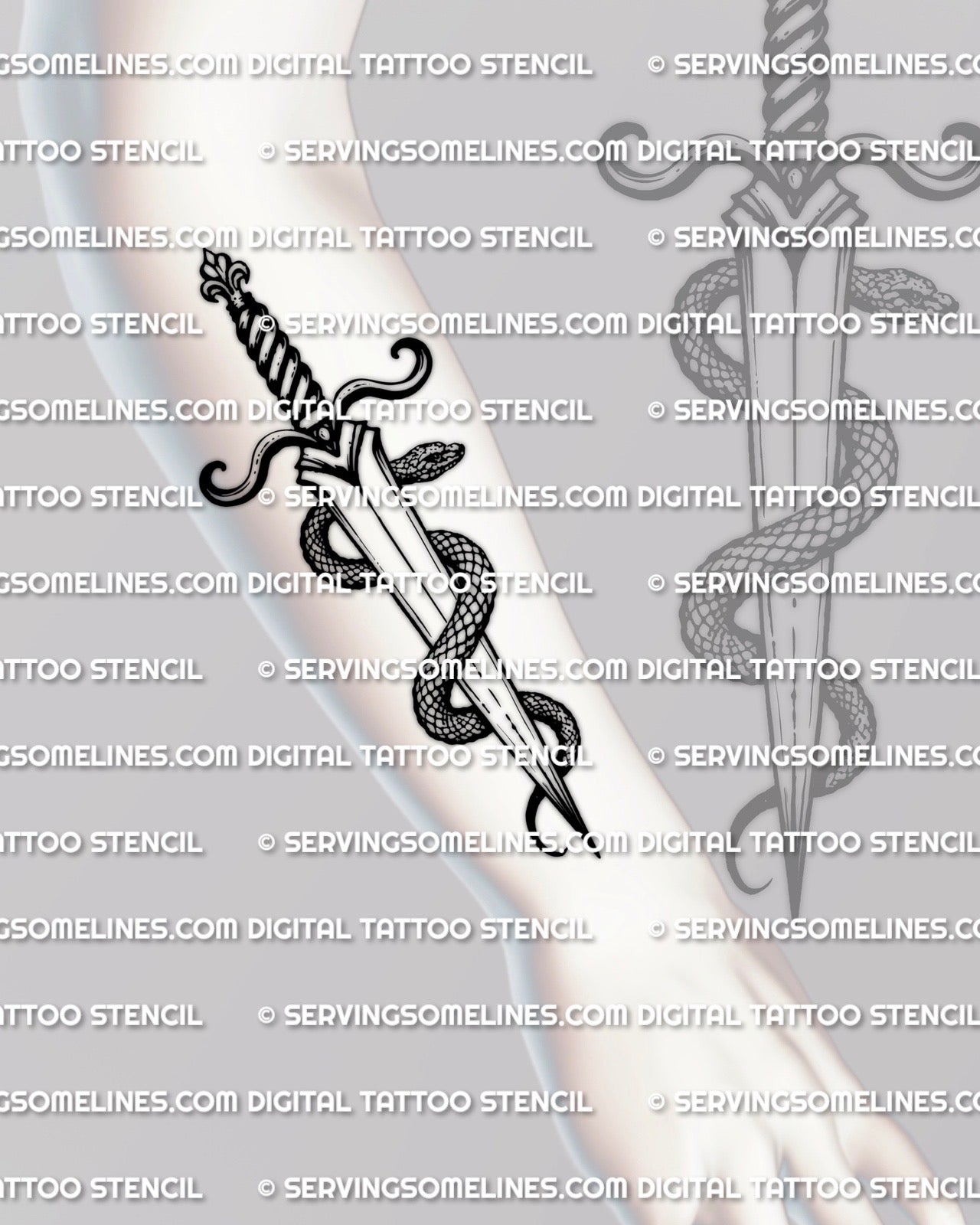 Dagger and snake tattoo stencil shown on forearm placement, coiled snake on dagger design, tattoo stencil file download.