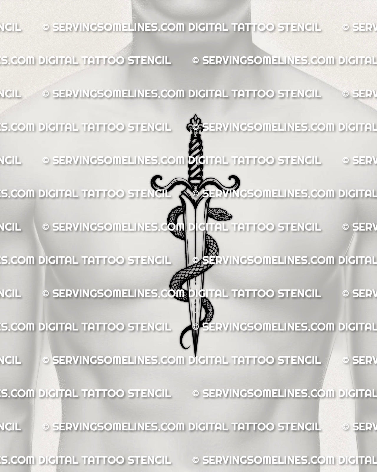 Dagger and snake tattoo stencil shown on chest center placement for men, coiled snake on dagger, PNG JPEG PDF download.