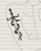 Dagger and snake tattoo stencil displayed on womens arm placement, snake coils dagger twice, printable stencil download.
