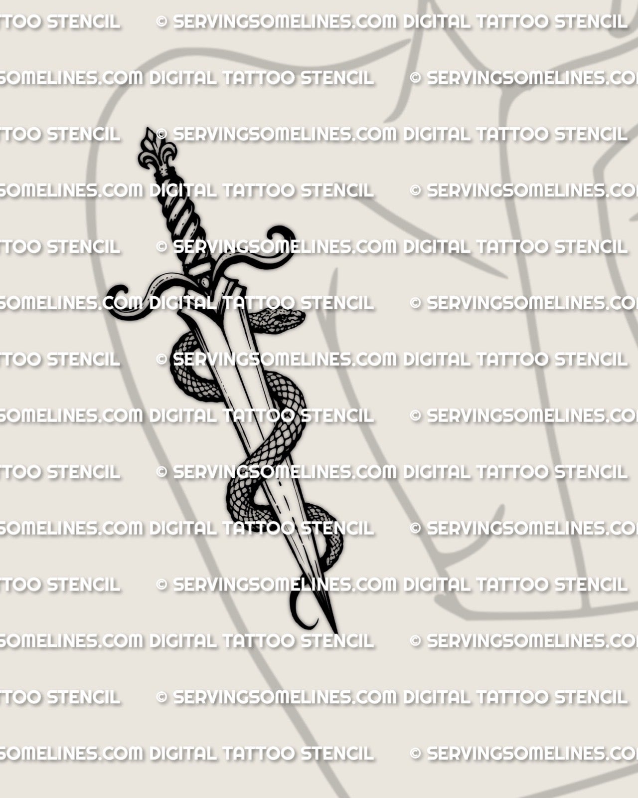 Dagger and snake tattoo stencil displayed on womens arm placement, snake coils dagger twice, printable stencil download.