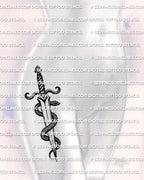 Dagger and snake tattoo stencil displayed on hip placement for women, coiled snake wraps dagger blade, instant download.