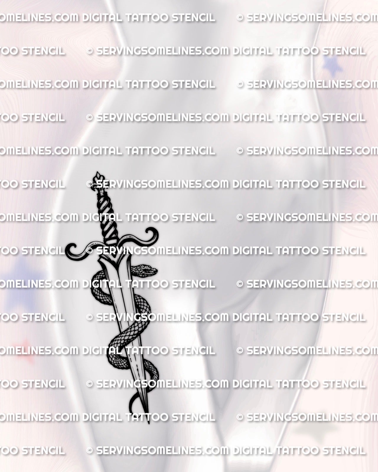 Dagger and snake tattoo stencil displayed on hip placement for women, coiled snake wraps dagger blade, instant download.