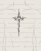 Center chest tattoo idea for men showing dagger cross cybersigilism stencil, minimalist blackwork with sword and cross symbolism. 