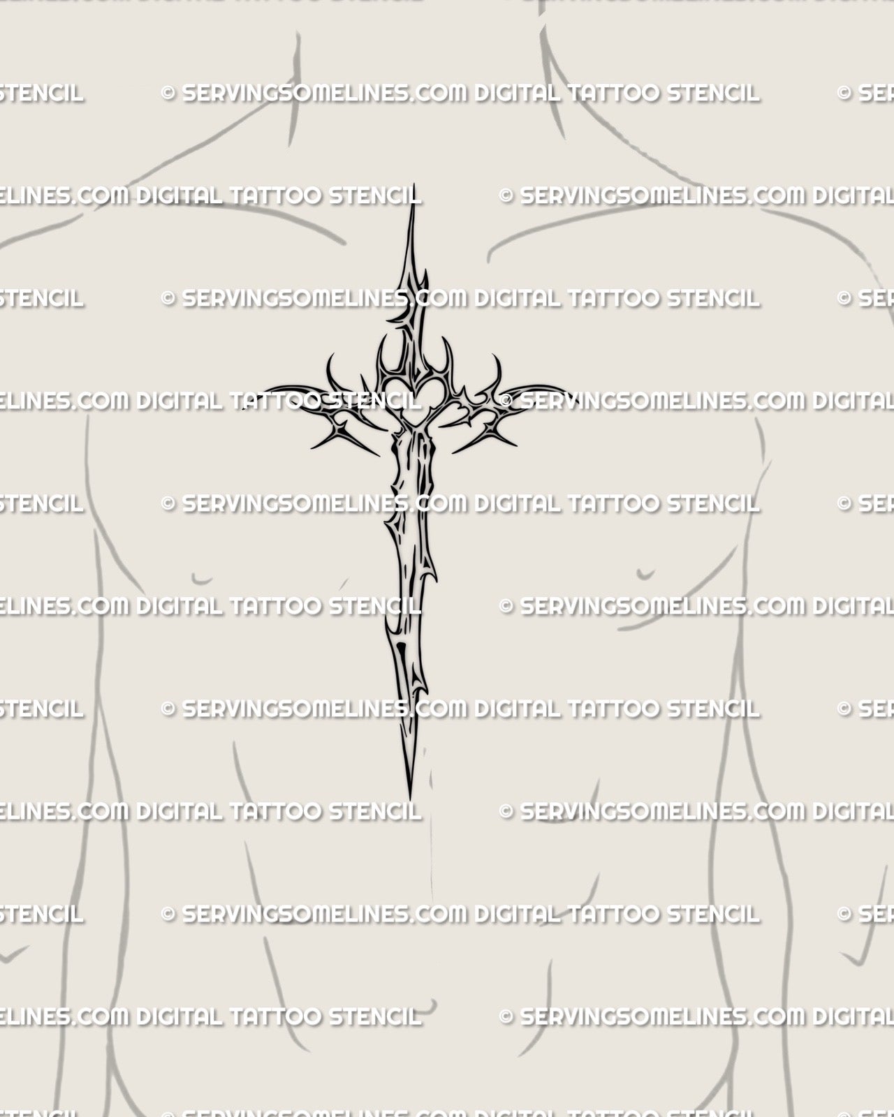 Center chest tattoo idea for men showing dagger cross cybersigilism stencil, minimalist blackwork with sword and cross symbolism. 