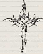 Digital dagger cross tattoo stencil, symbolic cybercore artwork blending gothic and neotribal sword-and-cross elements. 