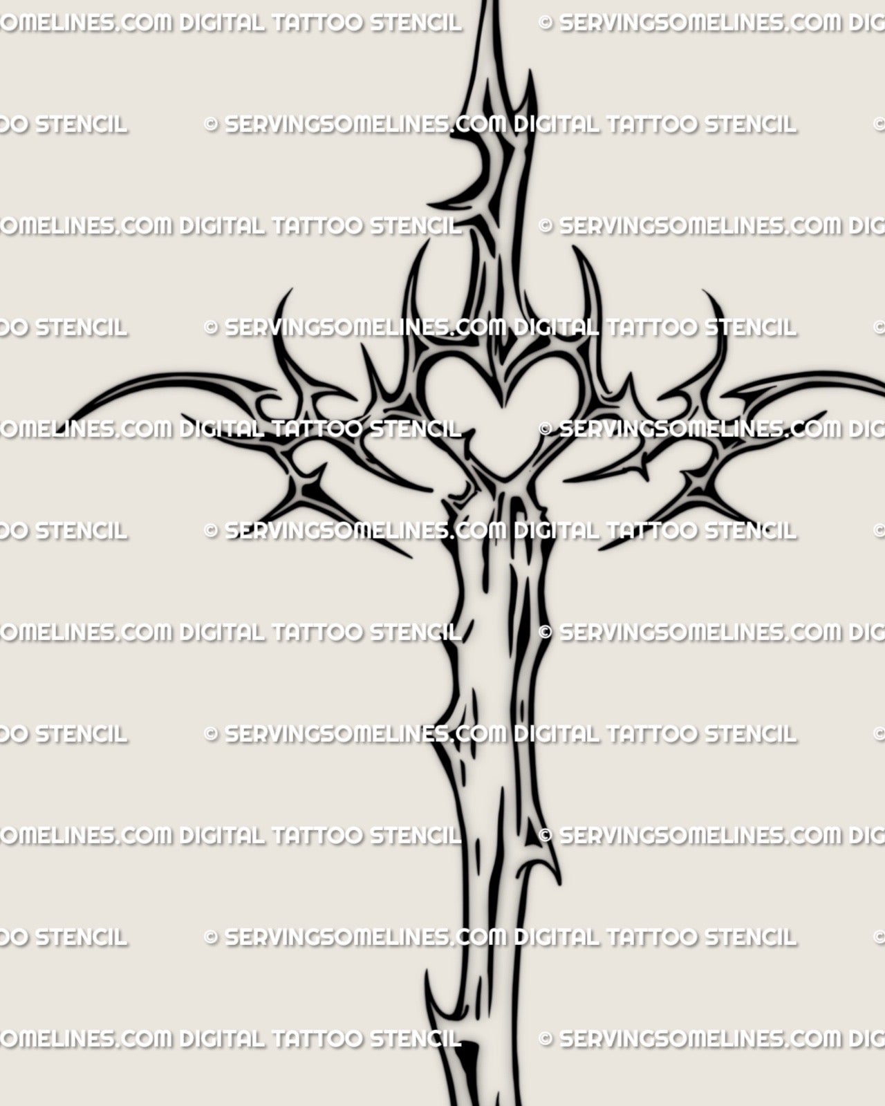 Digital dagger cross tattoo stencil, symbolic cybercore artwork blending gothic and neotribal sword-and-cross elements. 