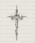 Minimalist dagger cross tattoo stencil in cybersigilism style, abstract sword and cross fusion for faith, strength, and modern design. 