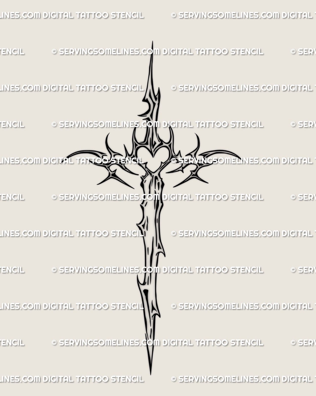 Minimalist dagger cross tattoo stencil in cybersigilism style, abstract sword and cross fusion for faith, strength, and modern design. 