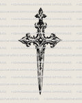 Dagger cross tattoo stencil in gothic blackwork style, showing blade and cross fused into one dark weapon design.