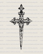 Dagger cross tattoo stencil in gothic blackwork style, showing blade and cross fused into one dark weapon design.