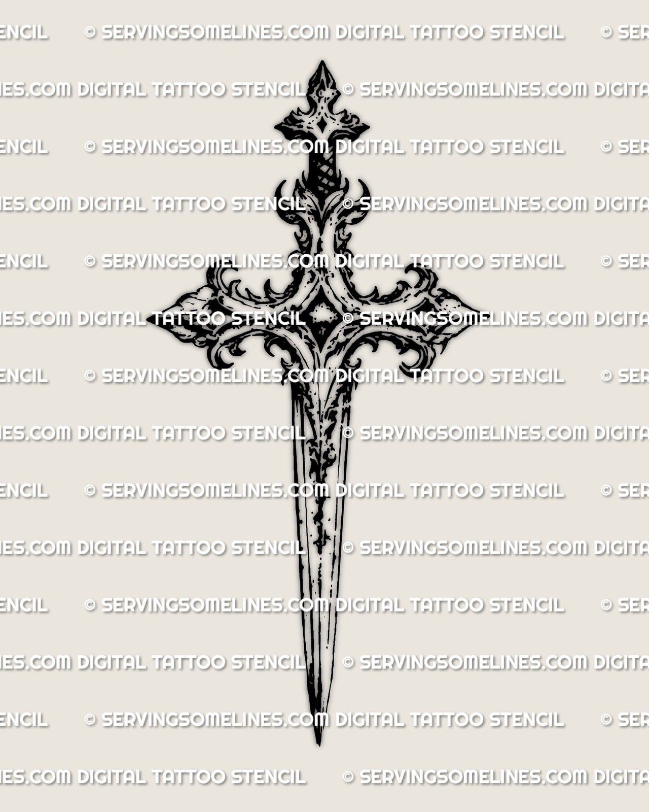 Dagger cross tattoo stencil in gothic blackwork style, showing blade and cross fused into one dark weapon design.