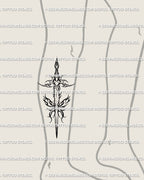 Dagger with flames tattoo stencil shown on calf placement, flame frame at guard, sharp tapered points.