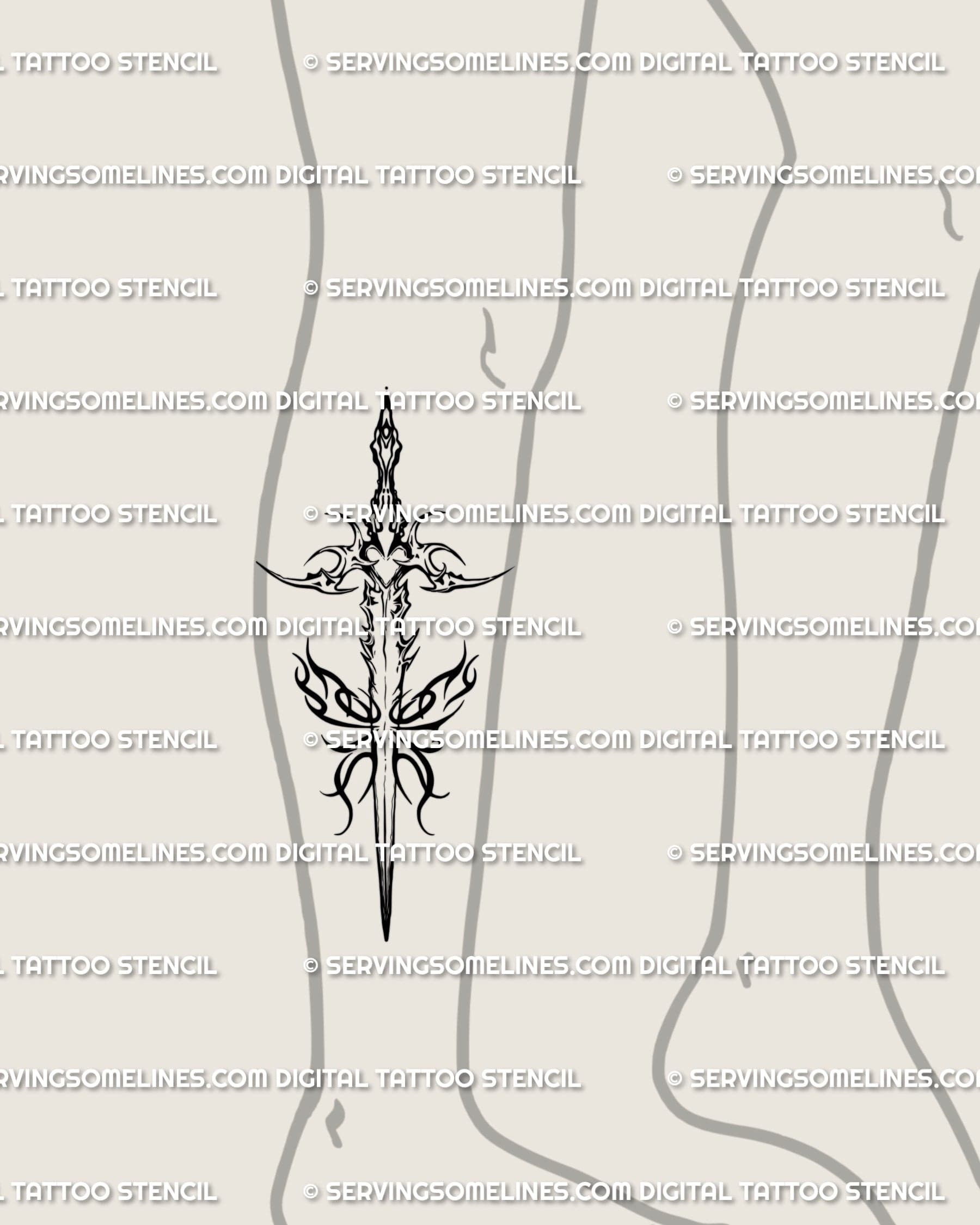 Dagger with flames tattoo stencil shown on calf placement, flame frame at guard, sharp tapered points.