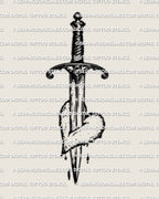 Dagger heart tattoo stencil design, compact dagger piercing heart with clean linework