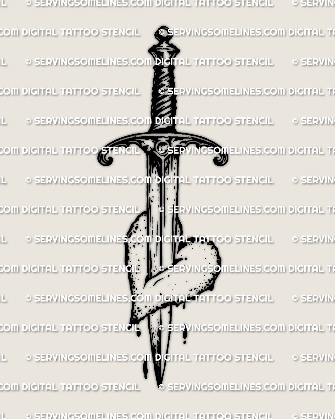 Dagger heart tattoo stencil design, compact dagger piercing heart with clean linework