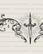 Close detail of the dagger lower back tattoo, showing the blade, radiant lines, and ornamental side curves.