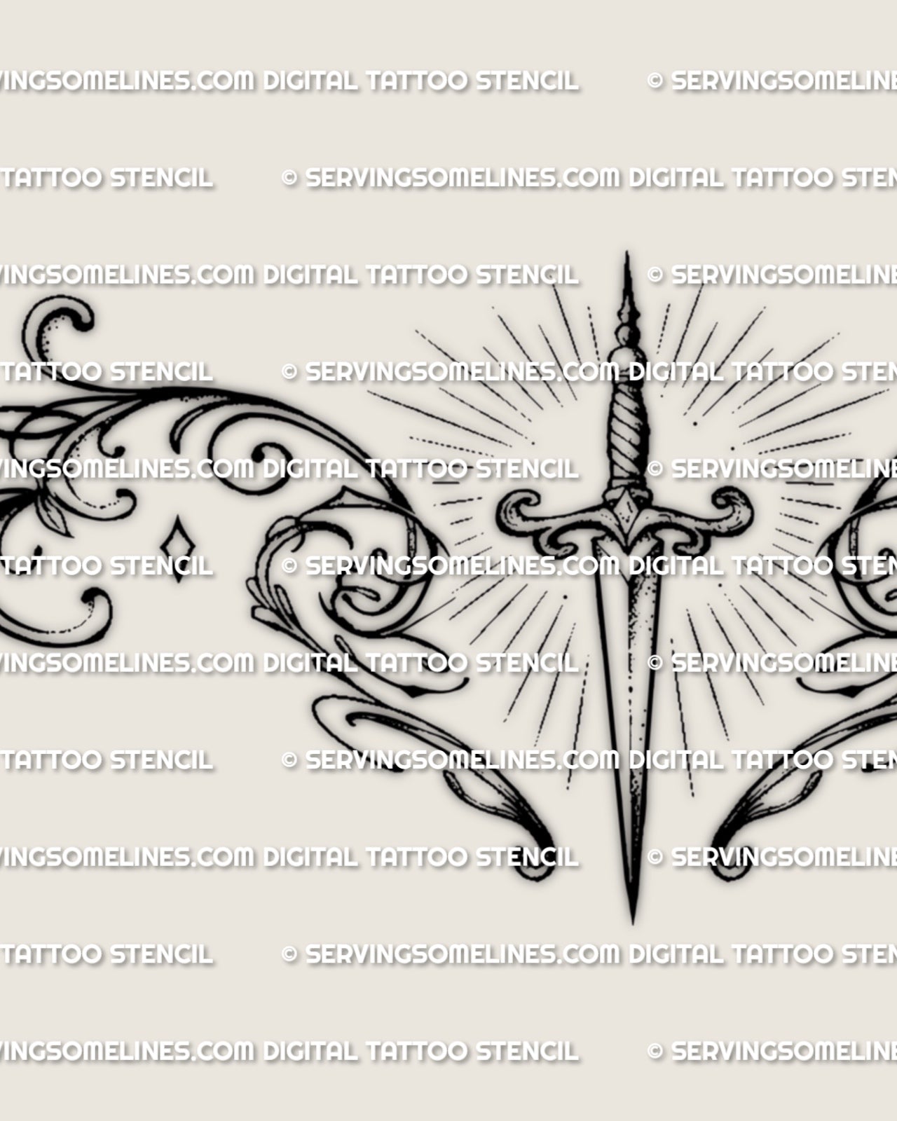 Close detail of the dagger lower back tattoo, showing the blade, radiant lines, and ornamental side curves.